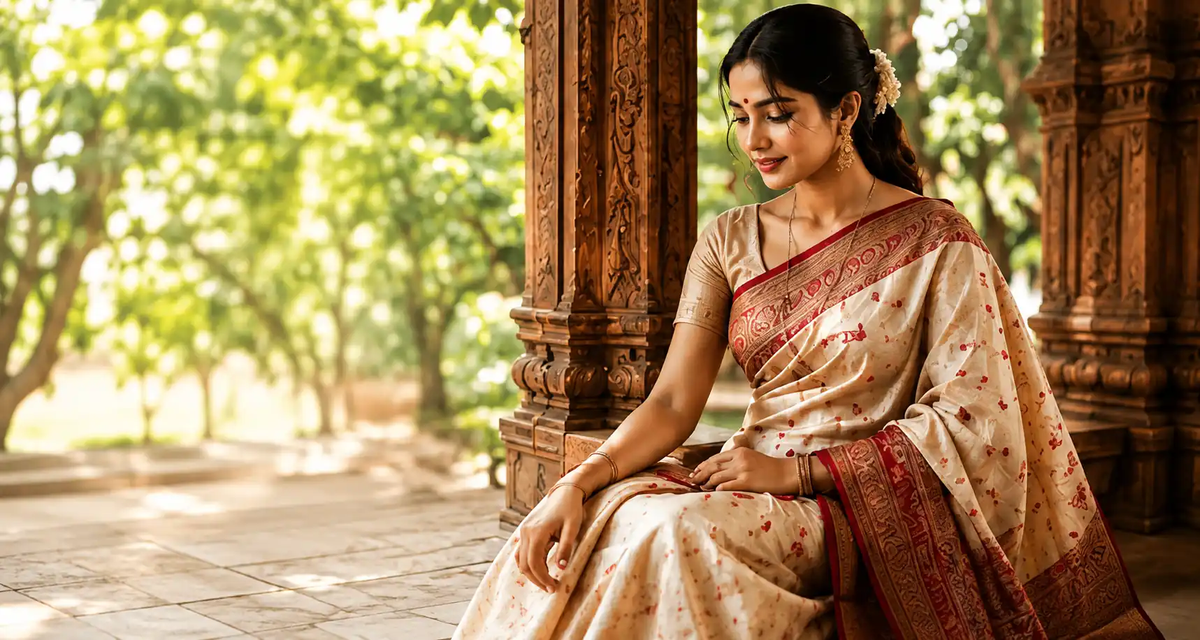 Woman wearing a traditional handwoven Bangladeshi saree